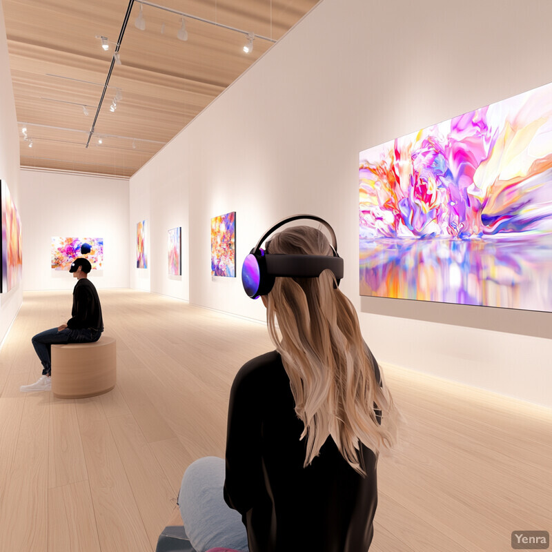 Two individuals engage in an immersive VR experience within an art gallery.