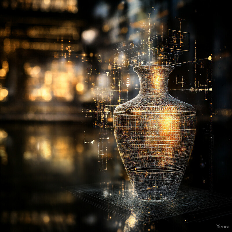 A close-up image of a vase with a unique shape and texture, set against a blurred background.