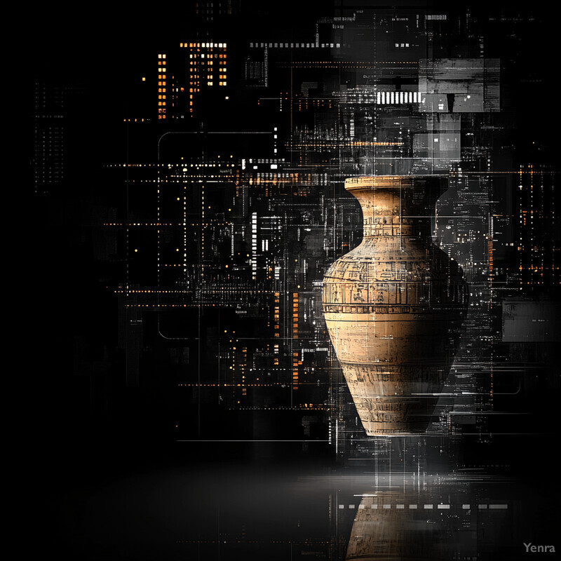 An abstract composition featuring a light yellow vase with intricate carvings against a black background.