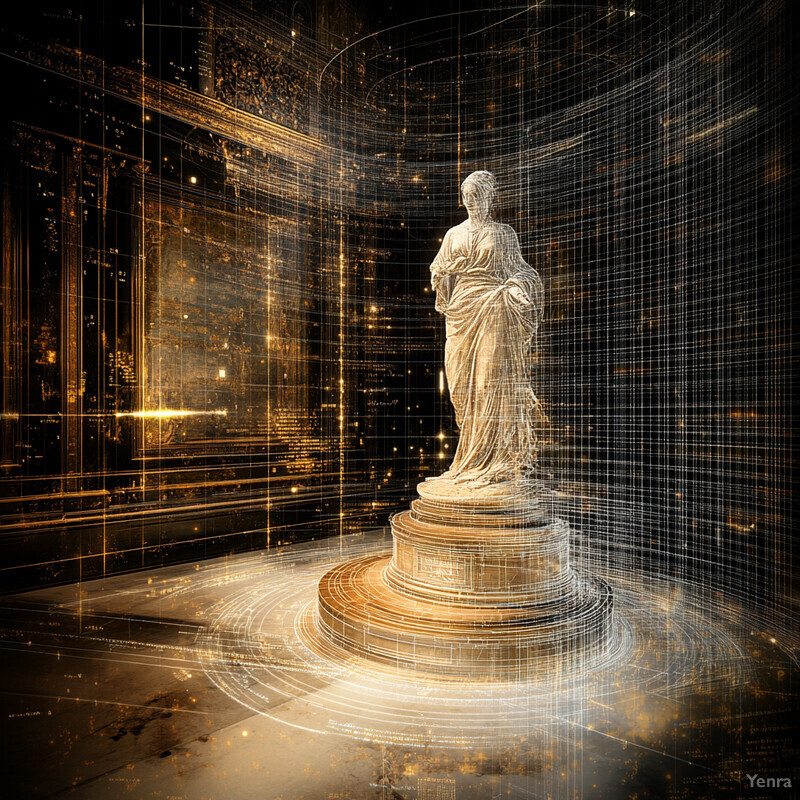 A high-resolution 3D reconstruction of an ancient white marble statue with gold accents situated in a grand room.