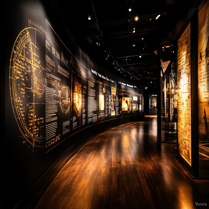 A modern art installation featuring gold and black artwork in a well-designed gallery space.