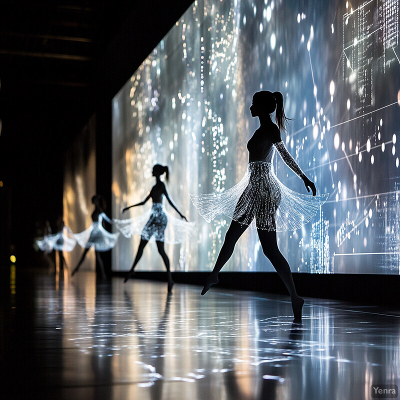 Four dancers in silhouette performing against a blue and white abstract mural.