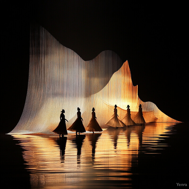 A group of women in long gold dresses walking on water near a waterfall.