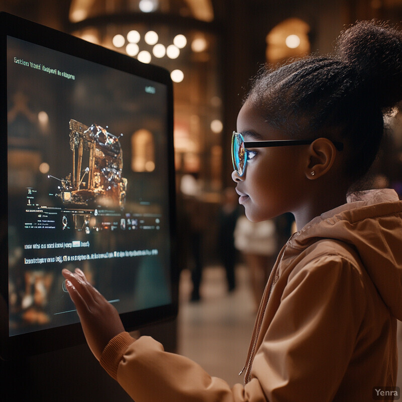 A young girl interacts with an interactive educational display in a large indoor room.