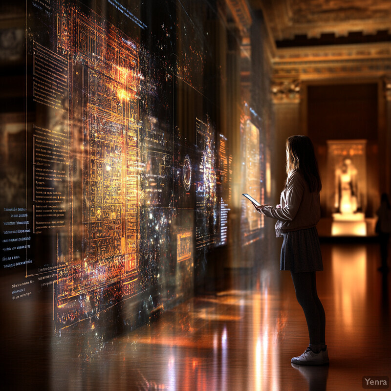 A woman is engaged with an interactive educational module in a museum or art gallery setting.