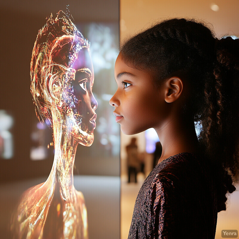 A young girl interacts with an interactive display featuring a futuristic-looking woman's face.