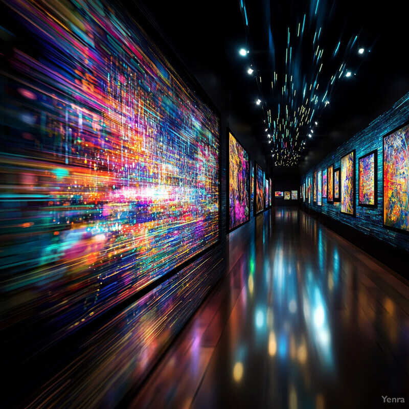 A long hallway lined with numerous paintings and artwork on both sides, creating an immersive experience for visitors.