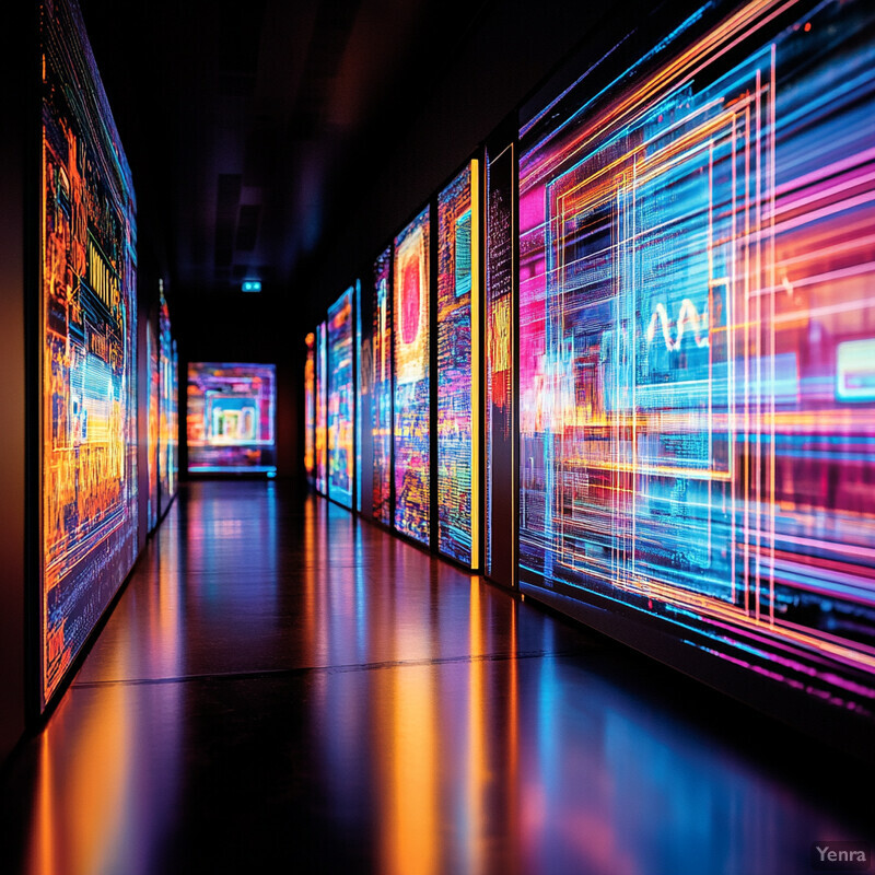 A long hallway with large screens displaying various images and graphics.