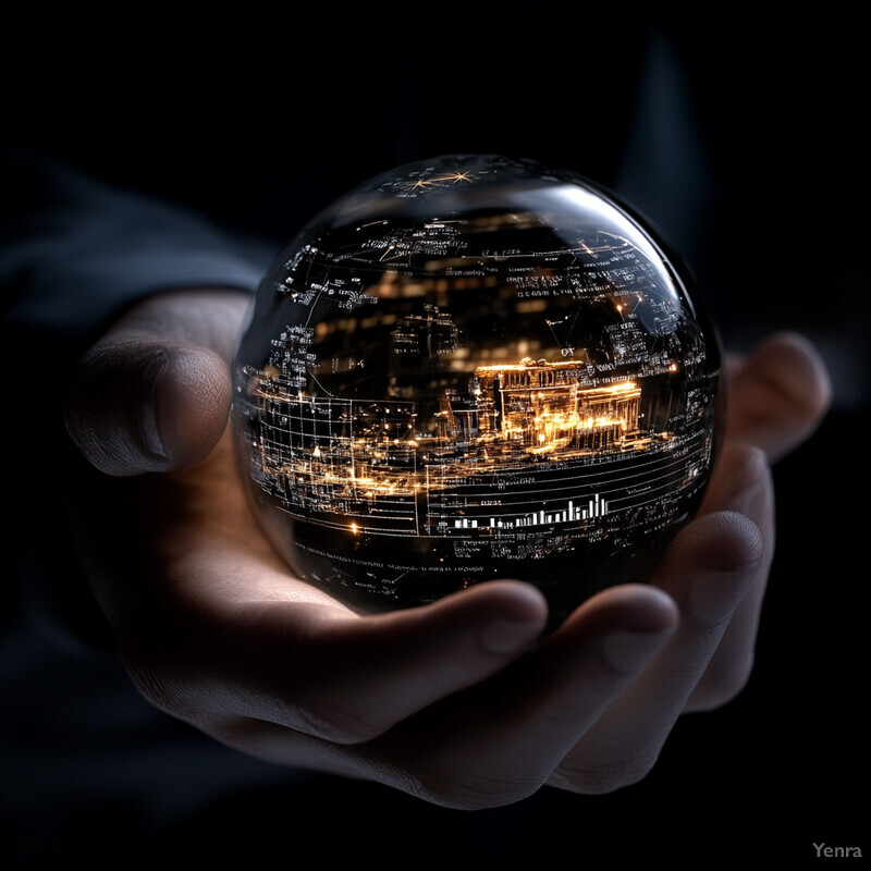 A person holds a crystal ball with a cityscape inside.