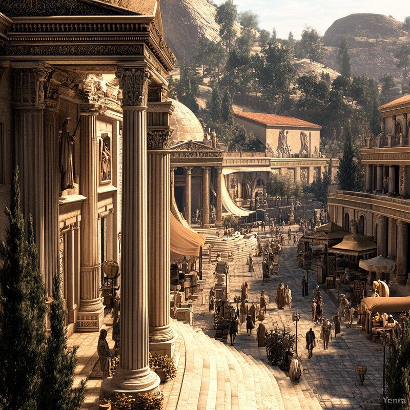 A bustling ancient city street with historic buildings and statues.