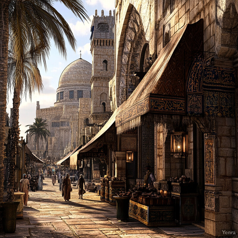 A bustling Middle Eastern marketplace with a mix of people and stalls selling various goods.