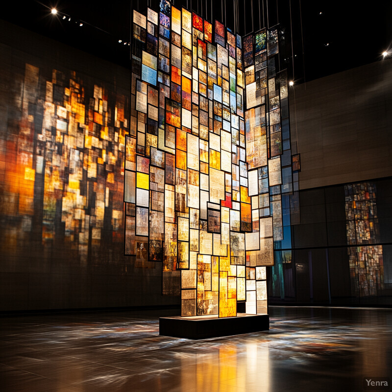 An art installation featuring square panels with abstract designs in a dark background.