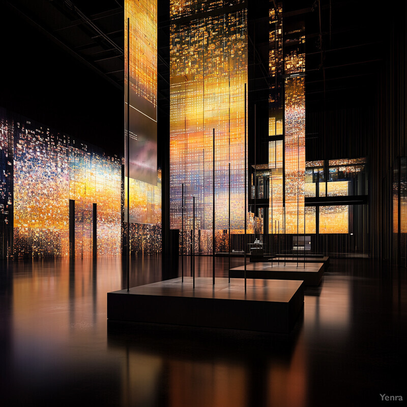 A large room with golden-colored displays or screens mounted on black pillars, evoking a sense of wonder and curiosity.