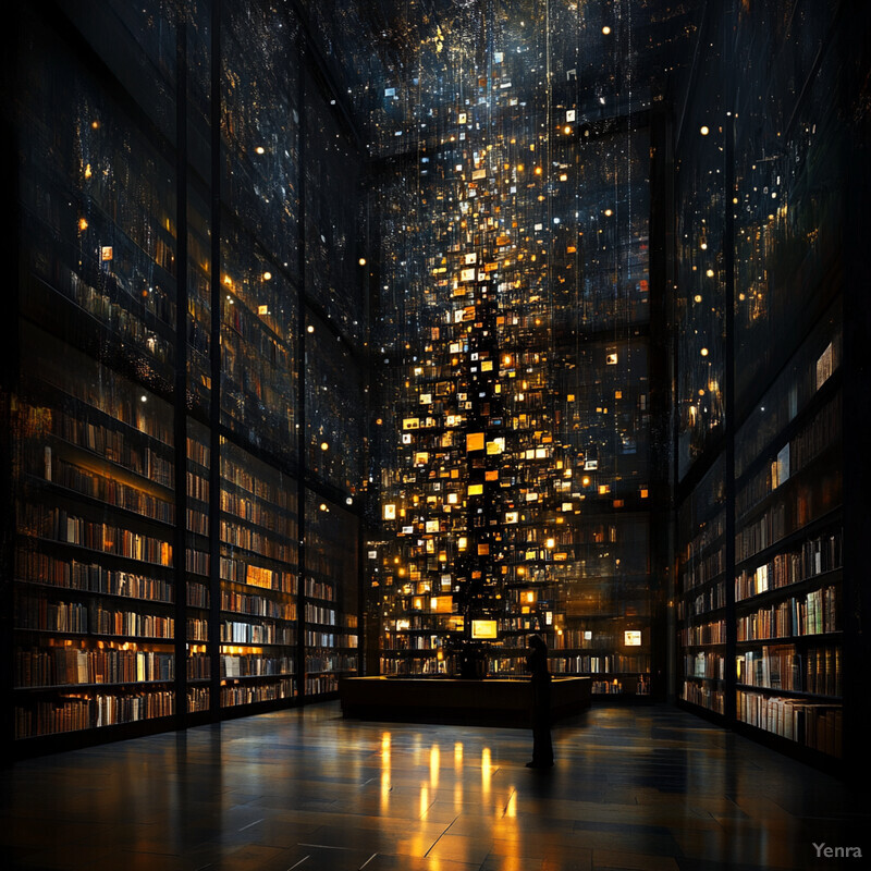 A futuristic library with a glowing Christmas tree made from bookshelves and surrounded by rows of books.