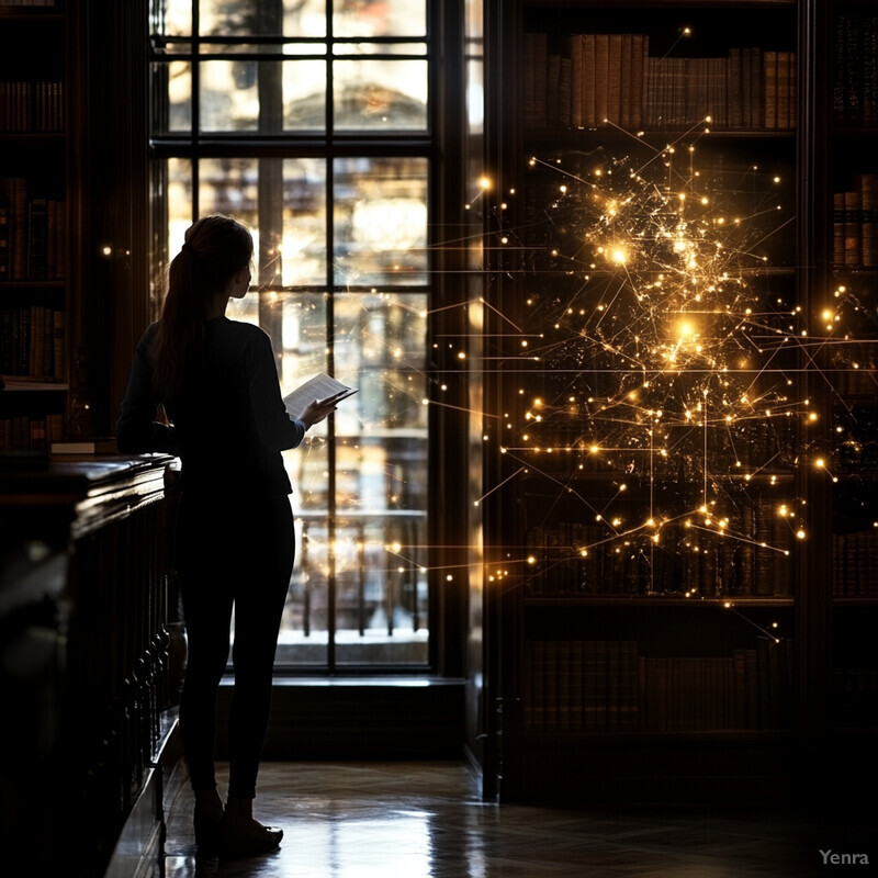 A woman stands in front of a window, reading an open book.