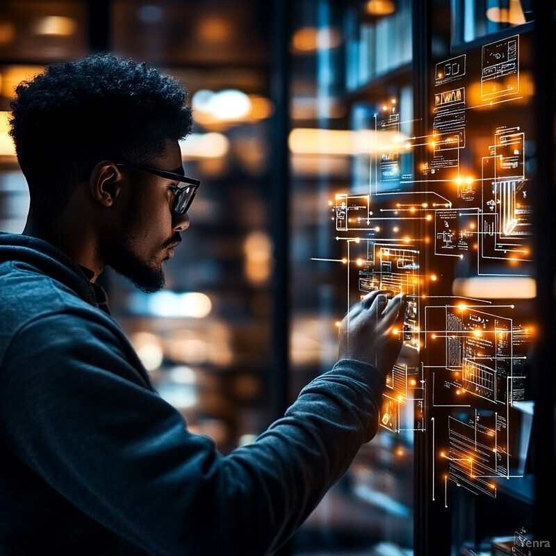 A man is intently focused on a large screen displaying graphs and charts, possibly related to finance or economics.