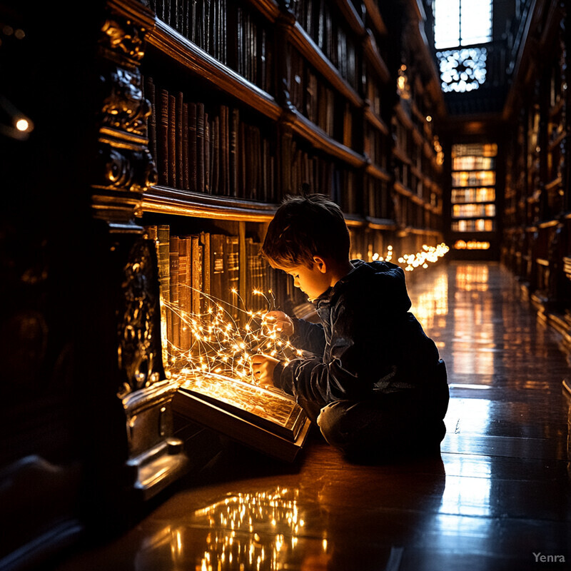 A young boy discovers a mysterious glowing box in a grand library.