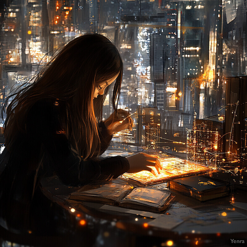 A woman sits at a desk in her home office, focused on a glowing screen.