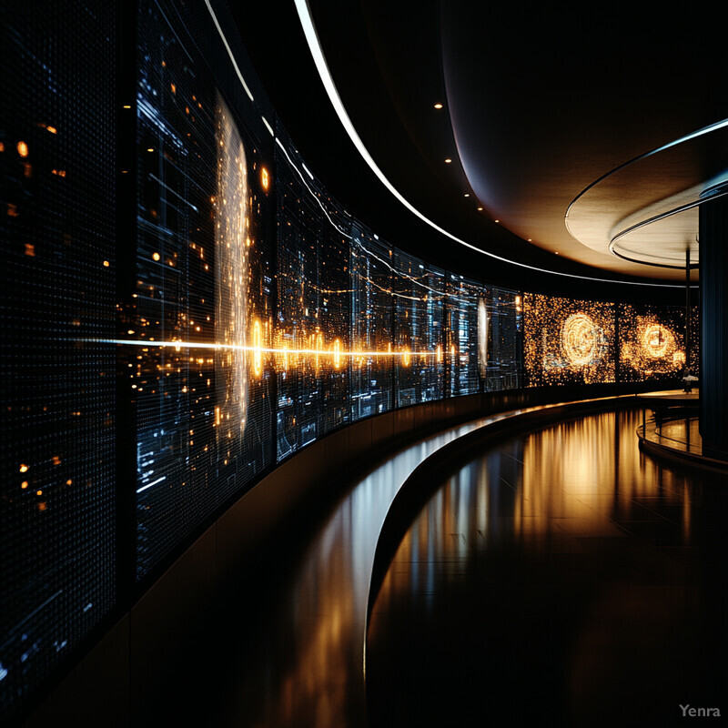 A futuristic-looking room with curved walls and ceiling features large screens displaying various visualizations.