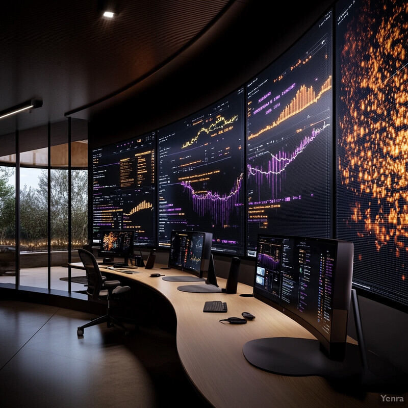 A large room filled with multiple computer monitors and keyboards, suggesting a cutting-edge technology center or research facility.