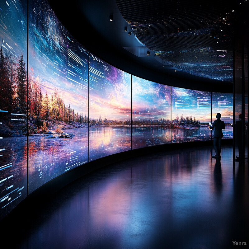 A room with curved screens displaying landscapes, where two individuals are interacting with the content.