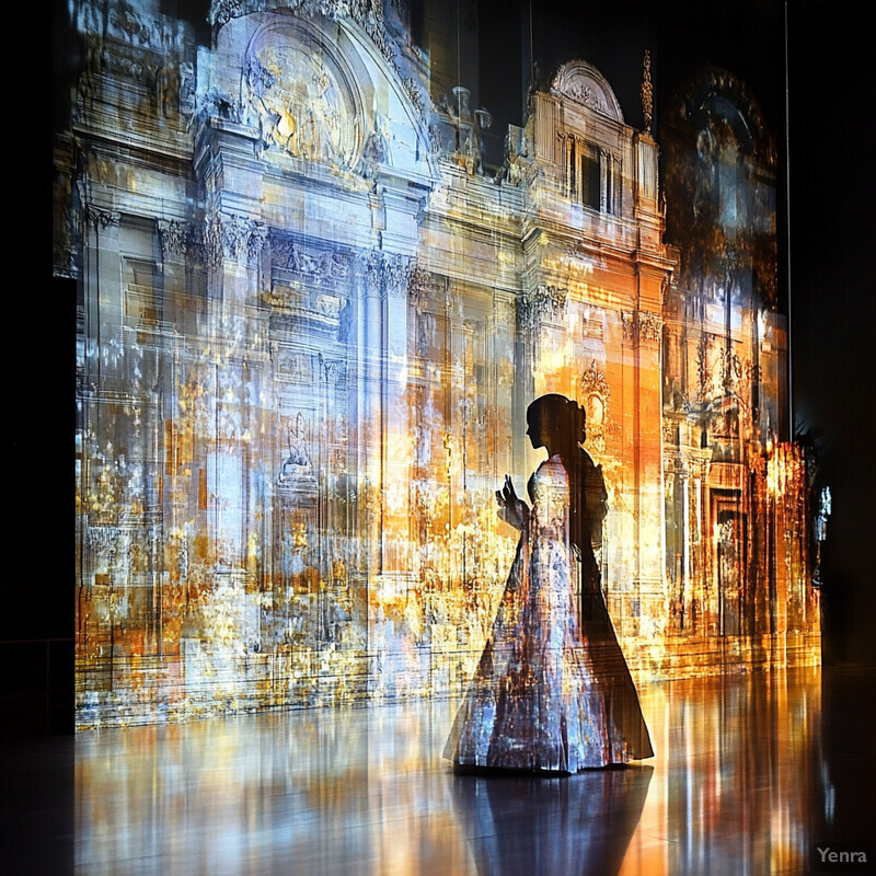 A woman in a white gown stands confidently in front of a large painting or mural on a wall, exuding sophistication and refinement.