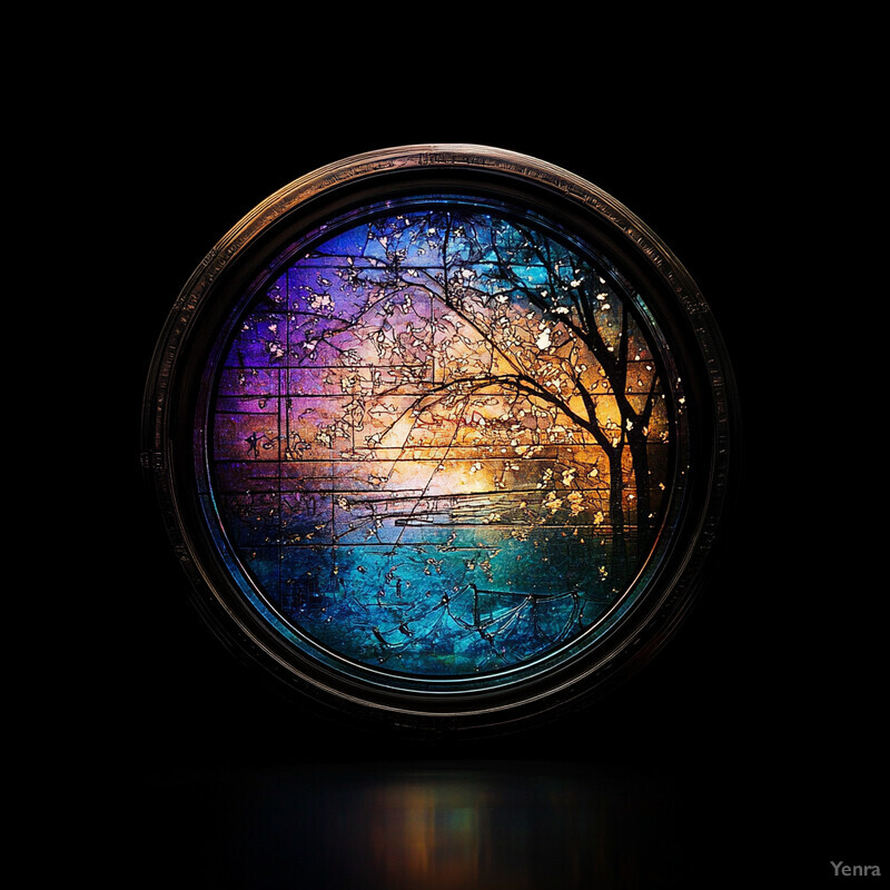 A serene outdoor scene featuring a tree and body of water reflected in a circular window with a vibrant stained glass design.