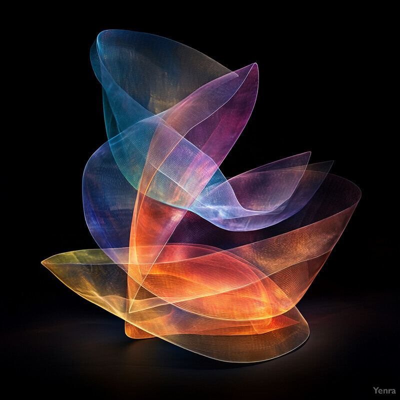 A dynamic arrangement of abstract shapes with overlapping colors against a black background.