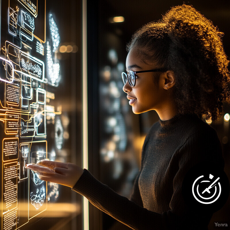 A woman with curly hair and glasses stands in front of a wall covered in symbols, holding her hand out as if to touch one.