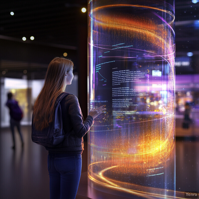 A young woman interacts with an interactive display in a museum or gallery setting.