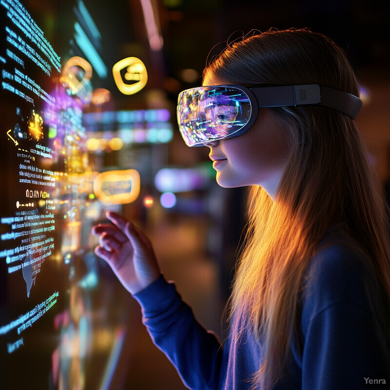 A young girl wearing VR goggles is intently examining a virtual screen in an interactive museum or exhibit space.