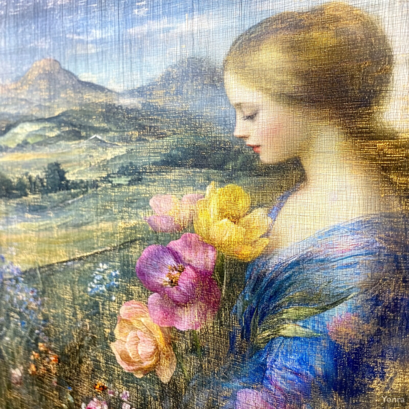 A serene painting of a woman in a blue dress holding flowers against an idyllic outdoor backdrop.