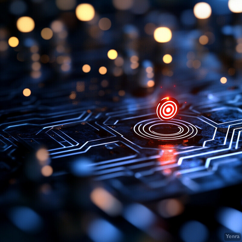 A circuit board with a red light and a white circle in the center, surrounded by various components.