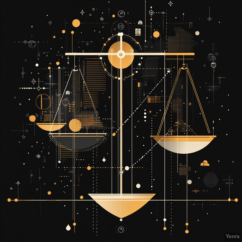 An abstract composition featuring a gold scale in the center, surrounded by geometric shapes and lines on a black background.