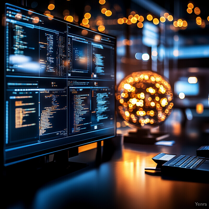 Two computer monitors displaying code in a dimly lit room.