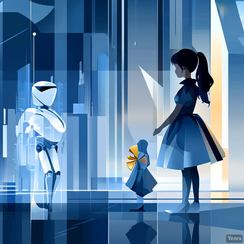 A futuristic scene featuring a robot, a woman, and a girl in an indoor setting with a large window overlooking a cityscape.