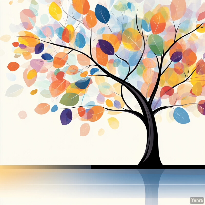 A colorful tree with multicolored leaves set against a white background.