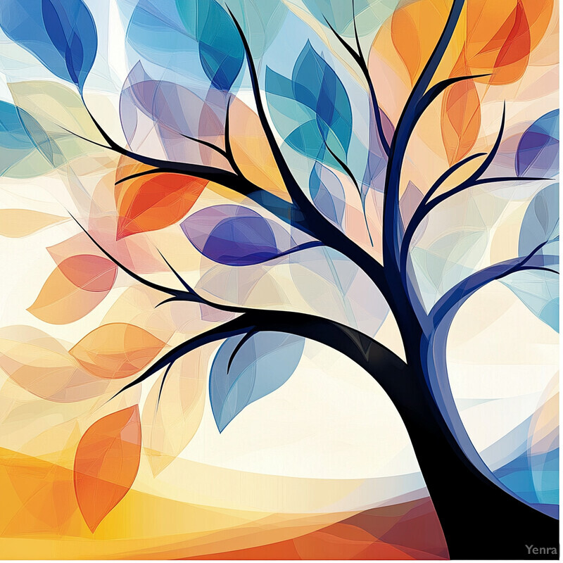 A stylized tree with colorful leaves set against a white background.