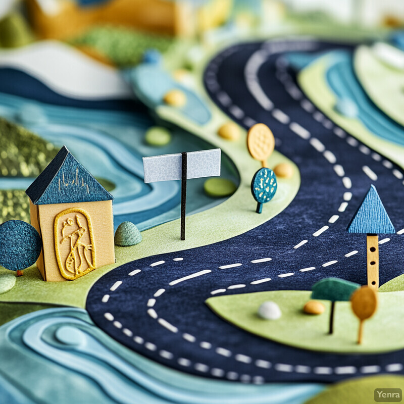 A stylized road with various elements, set against a blurred background.