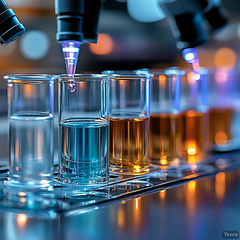 A laboratory scene where various chemicals are being tested and analyzed using advanced equipment such as microscopes, spectrometers, and chromatography machines.