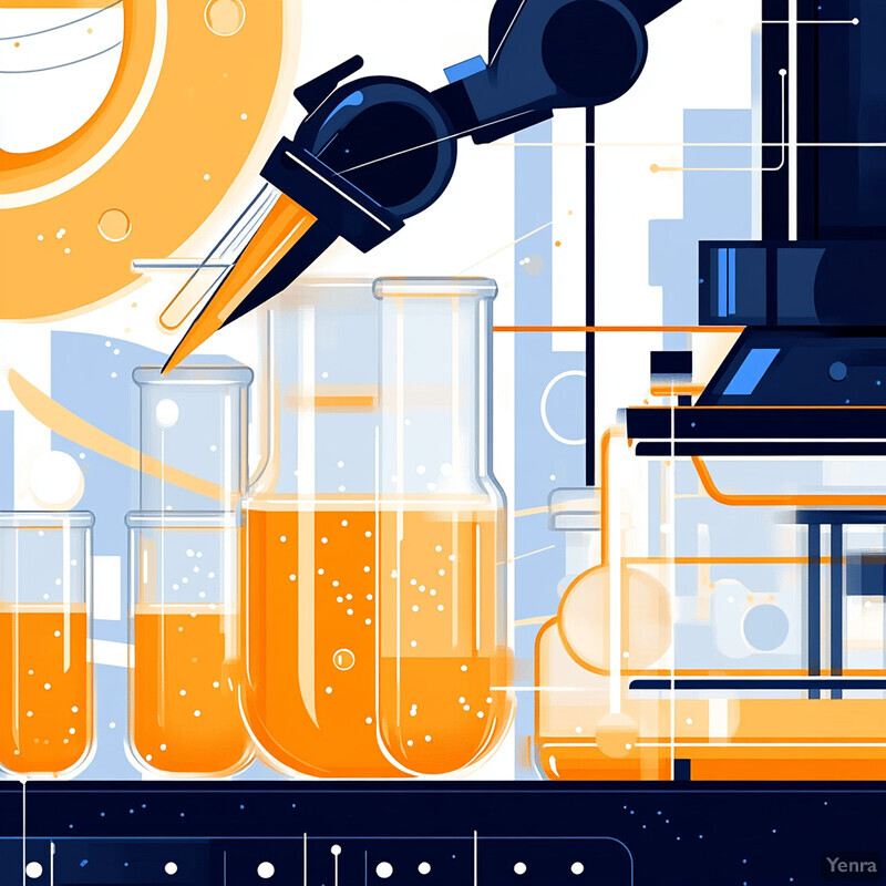 The image shows a laboratory with various equipment and glassware, including beakers, test tubes, and a large machine.