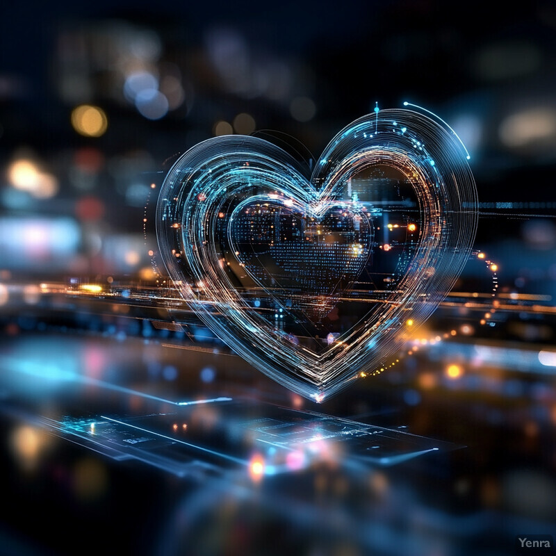 A heart-shaped object suspended in mid-air above a city street at night, surrounded by a halo of light and reflecting off the surrounding buildings.