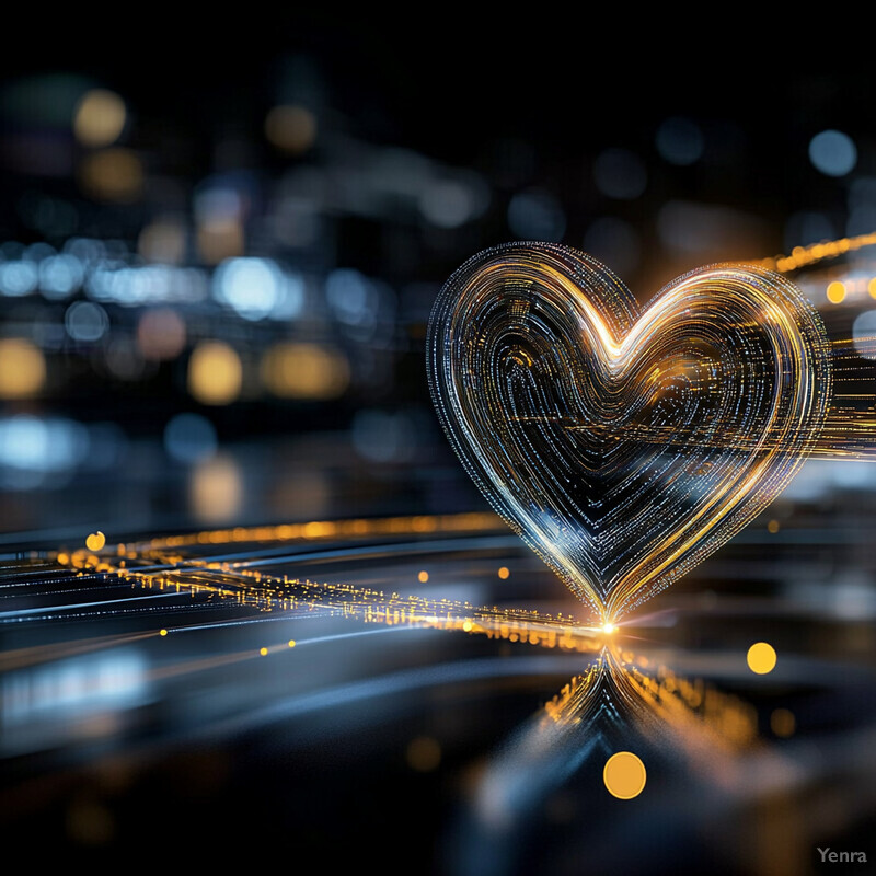 A heart-shaped object crafted from technological circuitry patterns in a blurred urban background.