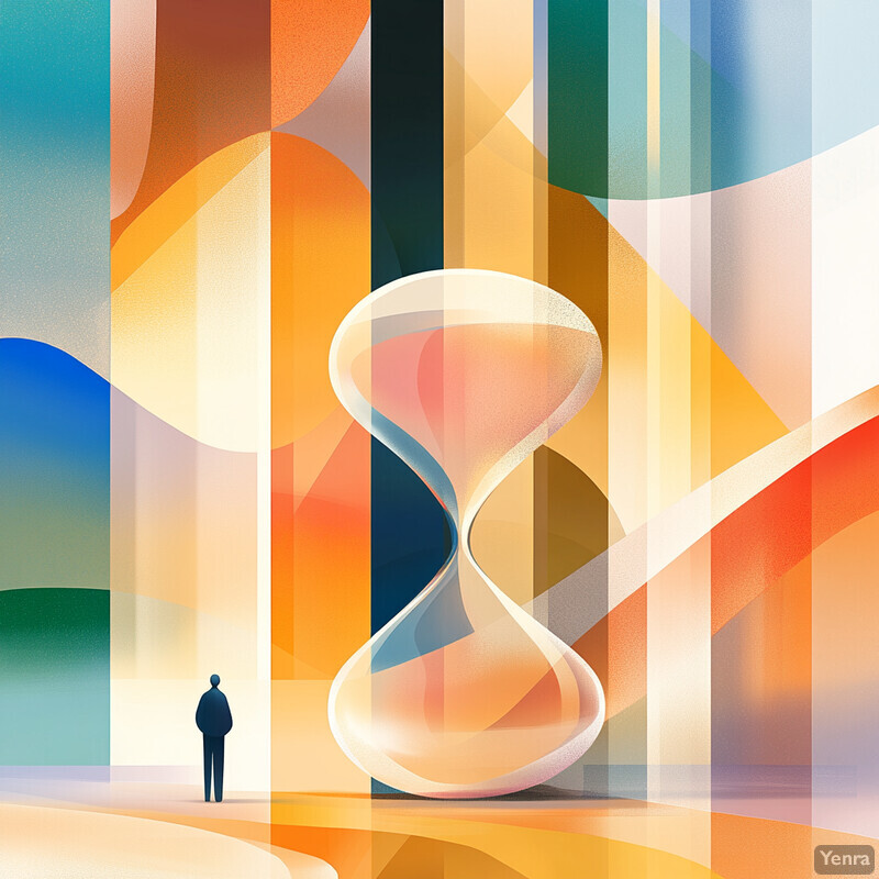 An abstract composition featuring a large hourglass surrounded by vibrant colors and shapes.