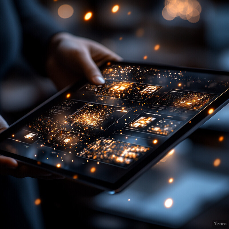 A person holding a tablet with a screen displaying various icons and graphics.