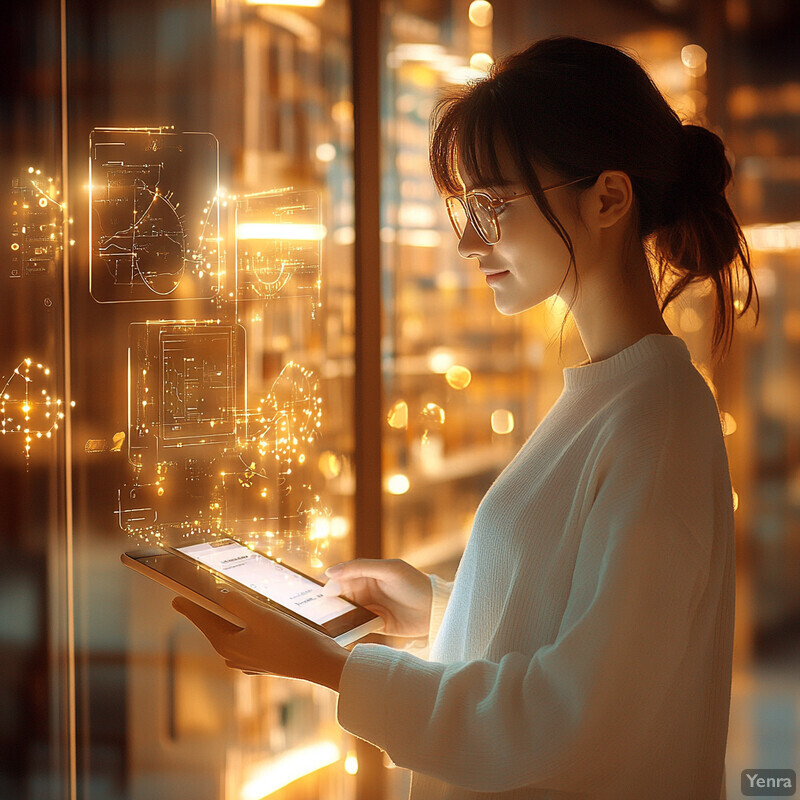 A woman stands in front of a window, gazing out at the city while holding a tablet.