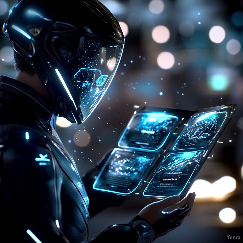 A futuristic scene with a person wearing a sleek black helmet and holding a tablet displaying four glowing blue screens.