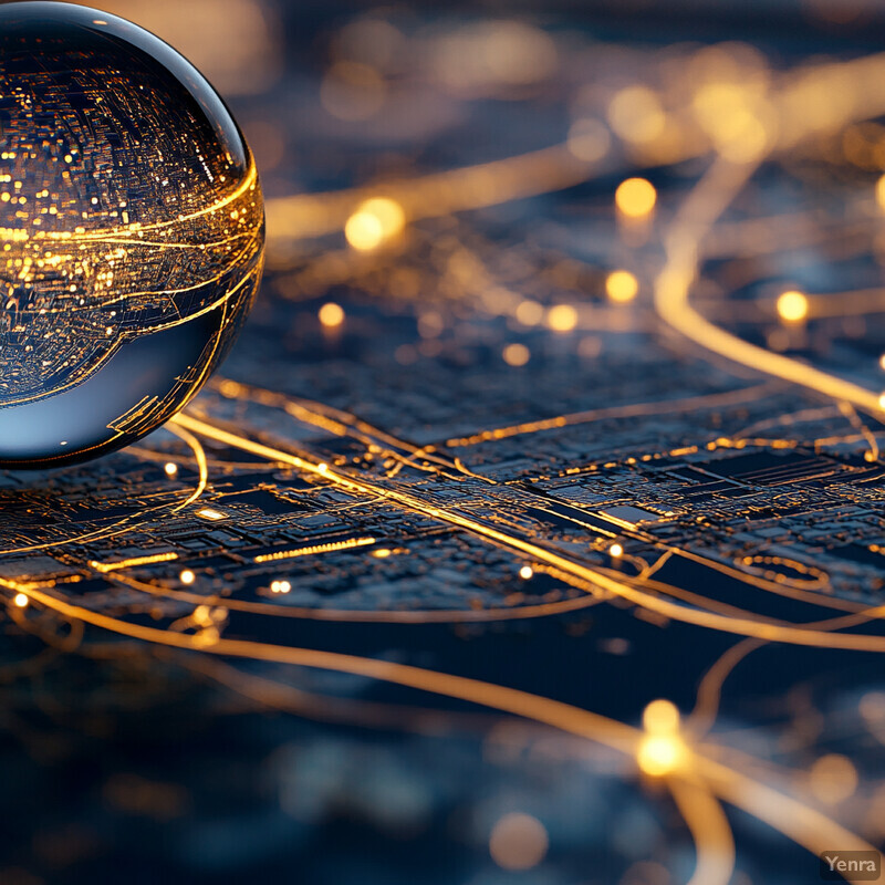 An aerial view of a city at night, with a large glass sphere in the foreground.