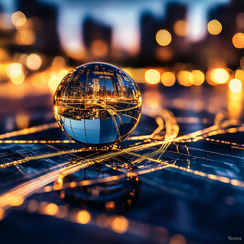 A crystal ball sits on top of a city map, reflecting the cityscape.