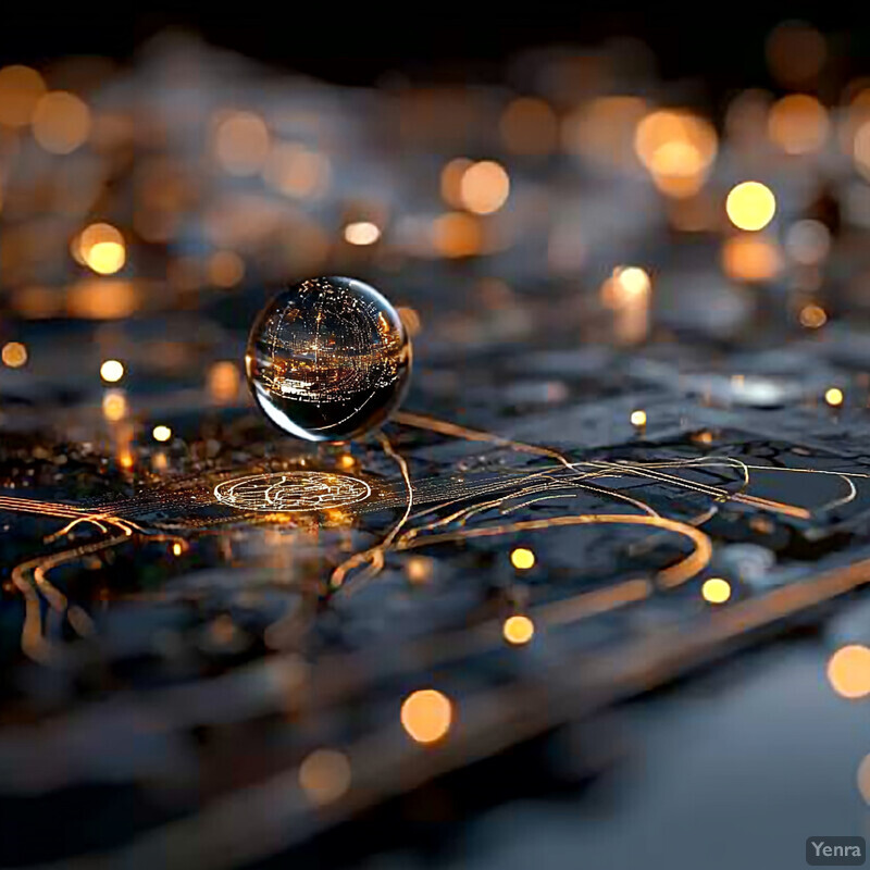 A glass sphere sits atop a dark gray circuit board or motherboard in this futuristic scene.